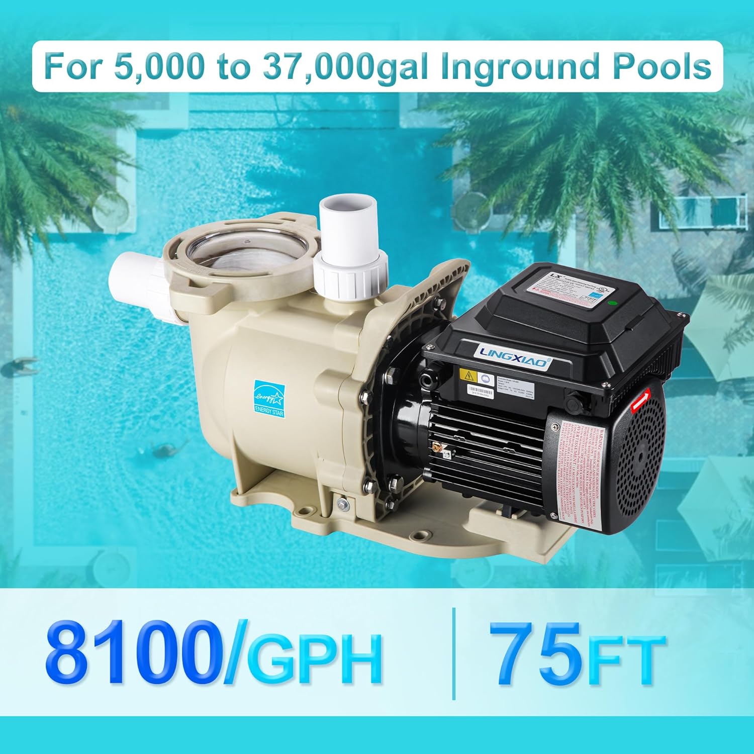 LINGXIAO Variable Speed Pool Pump Inground 2HP with Filter Basket - 115V/208-230V Variable Speed Pump, Low Noise & Energy Star Certified, 1.5" or 2" Fit Includes