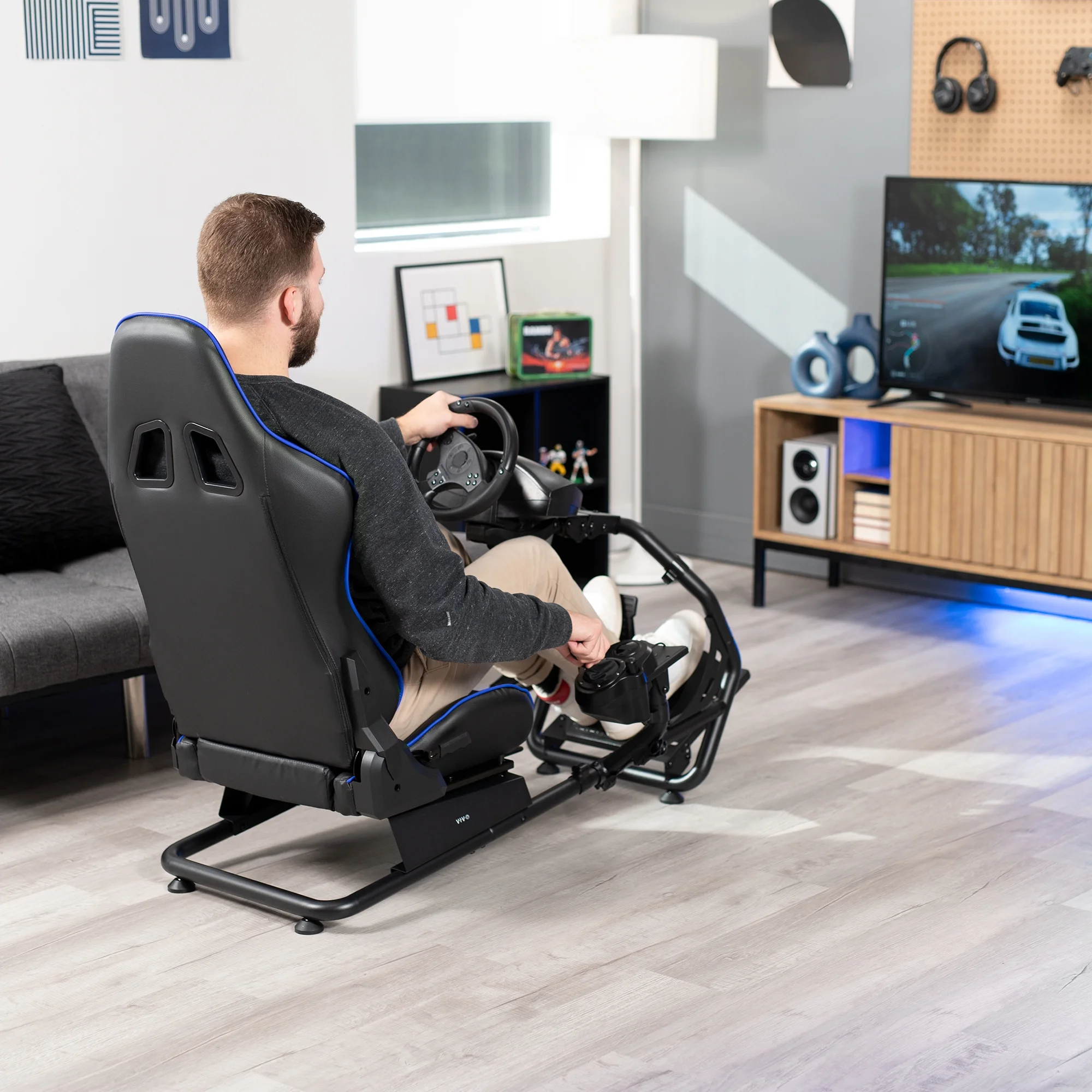 VIVO Black + Blue Racing Simulator Cockpit with Wheel Stand and Reclining Seat
