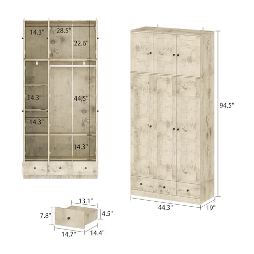 ECACAD Large Wardrobe Armoire with Multi-Tier Shelves, 3 Drawers, Hanging Rod & 3 Louver Doors, Wooden Closet Storage Cabinet for Bedroom, Light Brown (44.3”W x 19”D x 70.9”H)