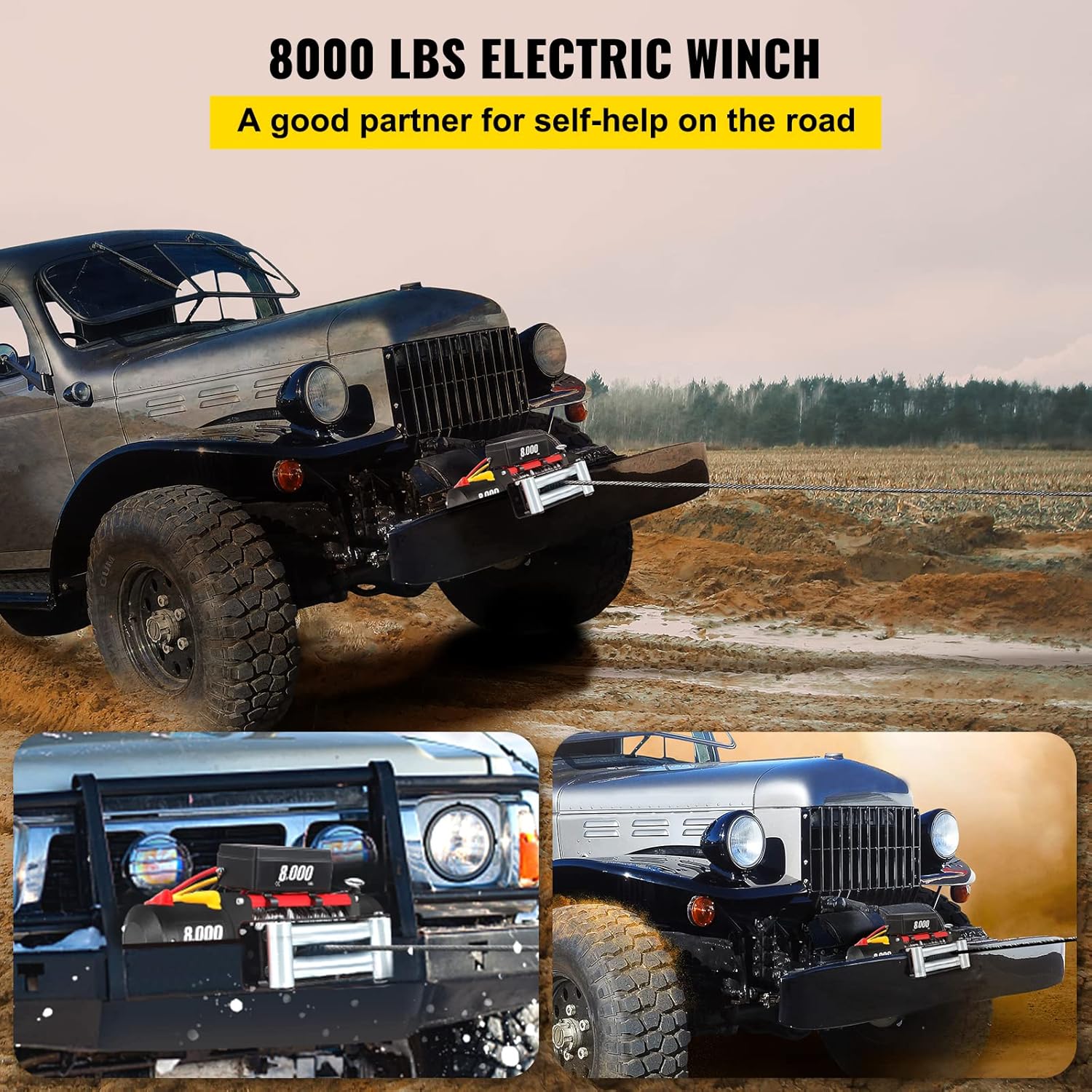 VEVOR Electric Winch 8000lb Load Capacity Truck Winch Compatible with Jeep Truck SUV 94ft/28.6m Cable Steel 12V Power Winch with Wireless Remote Control, Powerful Motor for ATV UTV Off Road Trailer