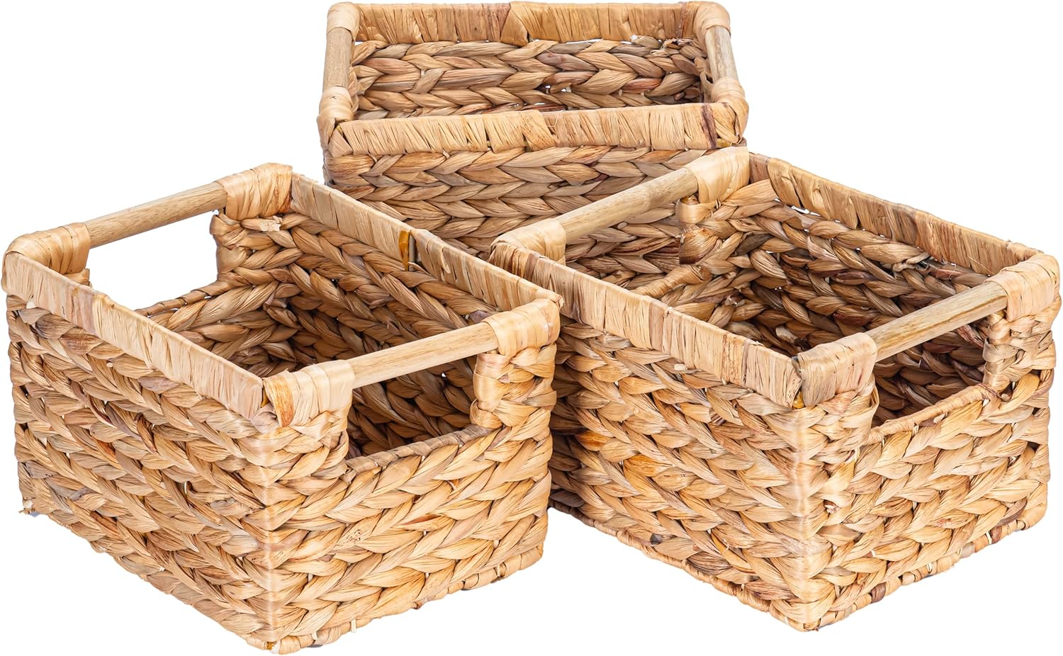 VATIMA Large Wicker Basket Rectangular with Wooden Handles for Shelves, Water Hyacinth Basket Storage, Natural Baskets for Organizing, Wicker Baskets for Storage 14.5 x 10.3 x 7.2 inches