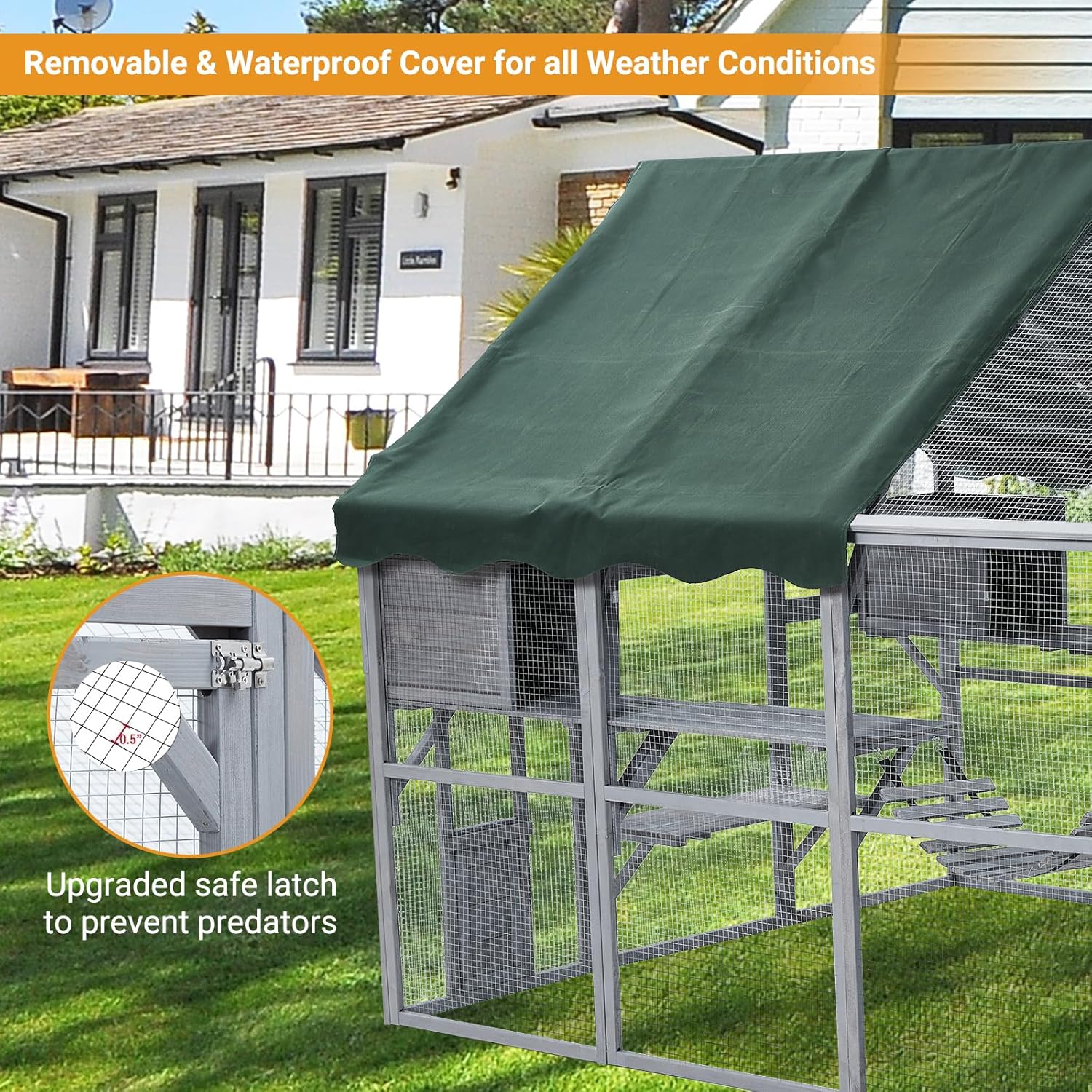 Large 3-Tier Outdoor Cat House, Small Animal Enclosure with 2 Lockable Cat Doors and a Walk in Door, Large Catio with Half Waterproof Cover, Portable Kitty House with Resting Boxes