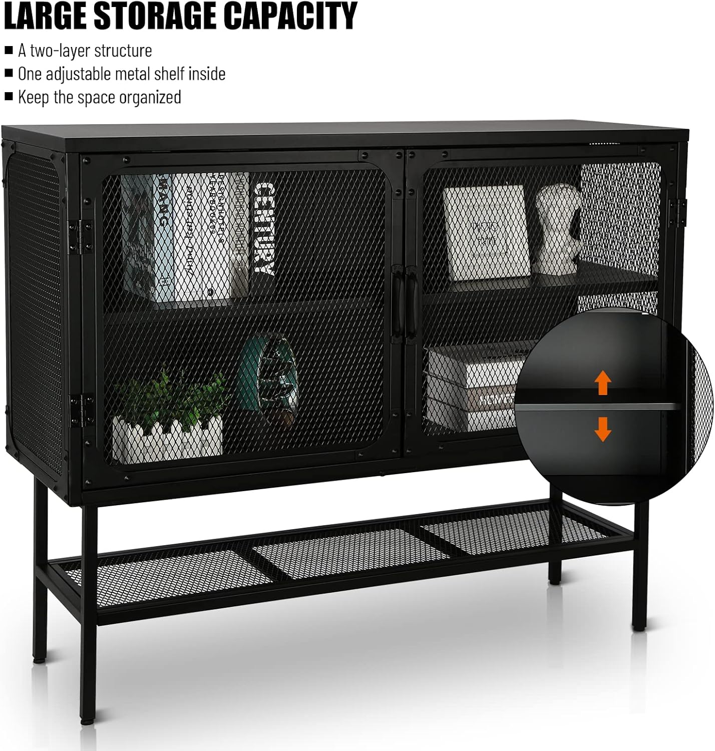 LUMISOL Industrial Cabinet Console Table with 2 Mesh Doors Adjustable Shelf and Feet Bottom Shelf Anti-Tip Dust-Free Kitchen Credenza Sideboard Frosted for Living Room Study Room Office Entryway