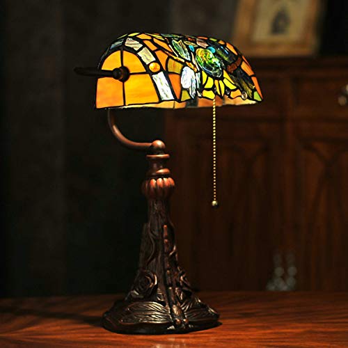 Tiffany Lamp Stained Glass Table Lamp for Living Room Side Dragonfly Piano Lamp Small 15.5" Tall Bedroom Bedside Table Lamp Chain Switch Banker's Home Office Desk Light Farmhouse Lamps