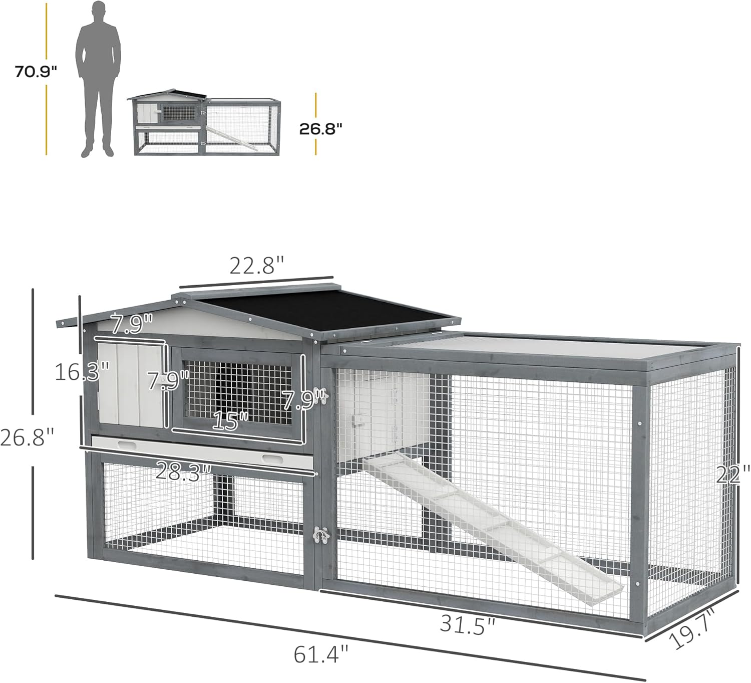Large Rabbit Hutch Outdoor, 2-Tier 61" L Rabbit Cage with Run Feeding Trough Wooden Guinea Pig Hutch with Removable Tray, Ramp, Asphalt Roof, for 1-2 Rabbits, White