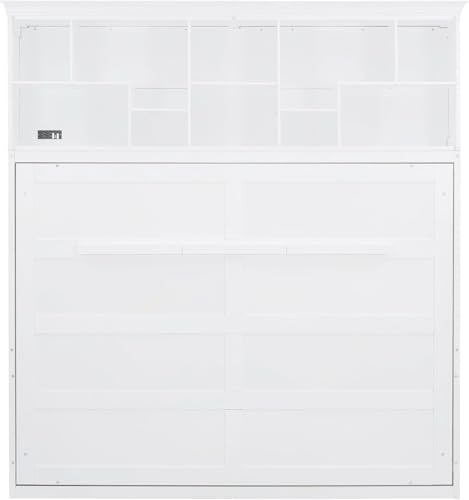 MERITLINE Queen Horizontal Murphy Bed Cabinet with Storage Bookcase Shelves and Charging Station,Wood Folding Grey Murphy Wall Bed for Adult