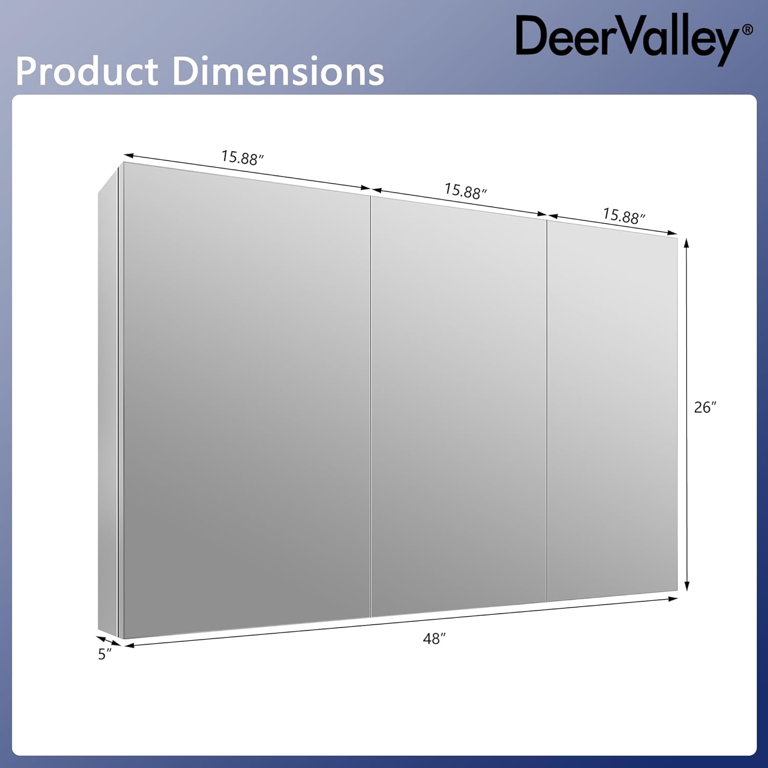48 inch Medicine Cabinet with Mirror, DeerValley Aluminum 3 Door Mirrored Medicine Cabinet, Frameless Modern Wall Mount Mirrored Medicine Cabinets with 3 Doors and 2 Adjustable Shelves