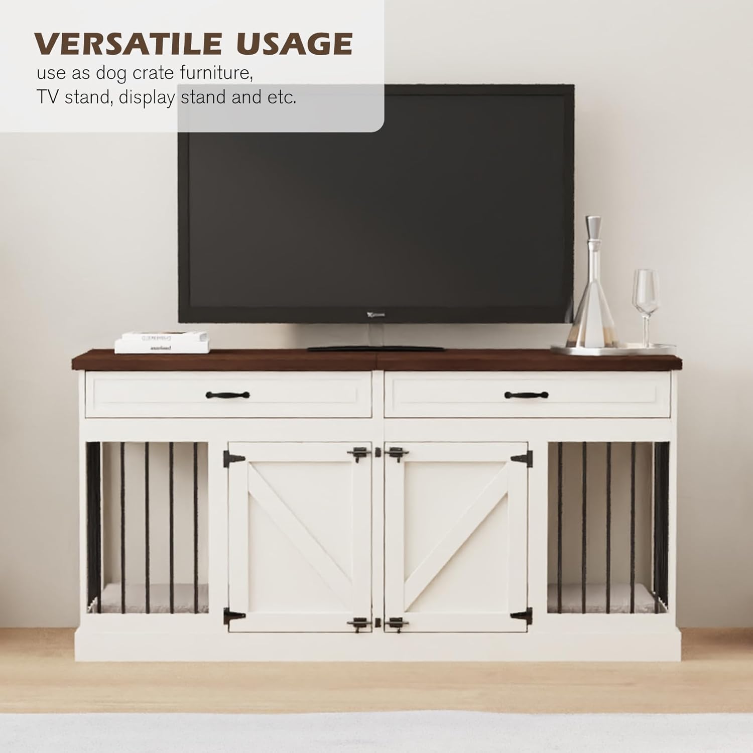 Dog Crate Furniture - Indoor Heavy Duty Wooden Furniture Style Dog Crate with 2 Doors, Room Divider and 2 Drawer - 63" Lx23.6 Wx31.5 H, White