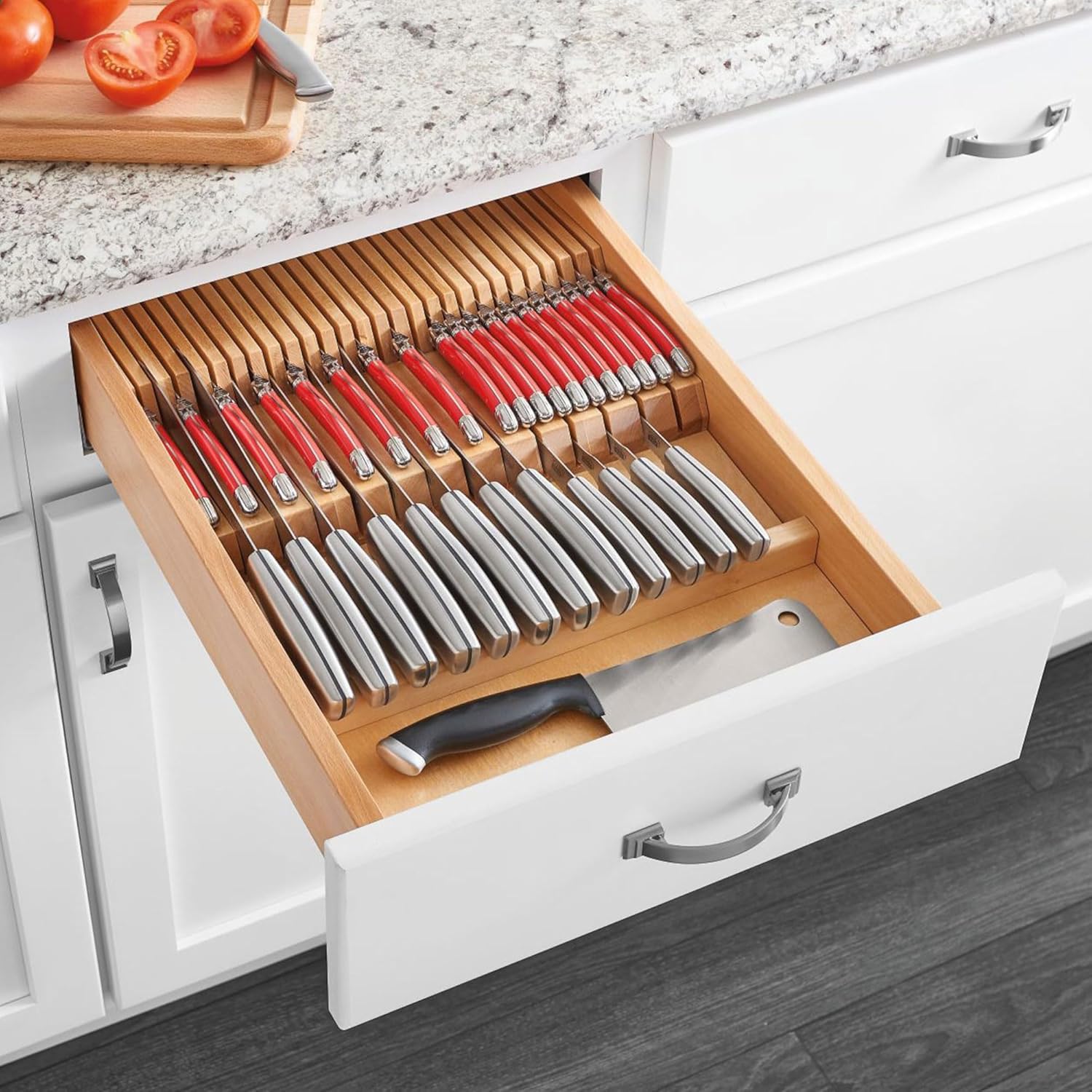 Rev-A-Shelf Dual Row Trim To Fit Knife Block Drawer Organizer with Storage Holder for Kitchen Utensils, 55 Slot Cutlery Tray, Wood, 4WDKB-1