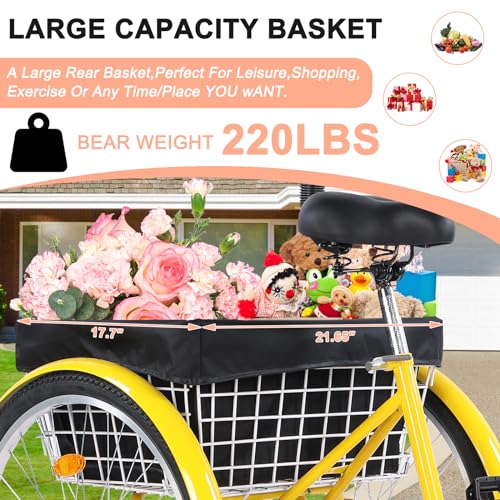 24/26 Inch Tricycle 7-Speed 3 Wheel Cruiser Adjustable Trike with Bell and Large Basket,for Recreation, Shopping, Picnics, Adult Man and Women (Black/Green/Red/Yellow)