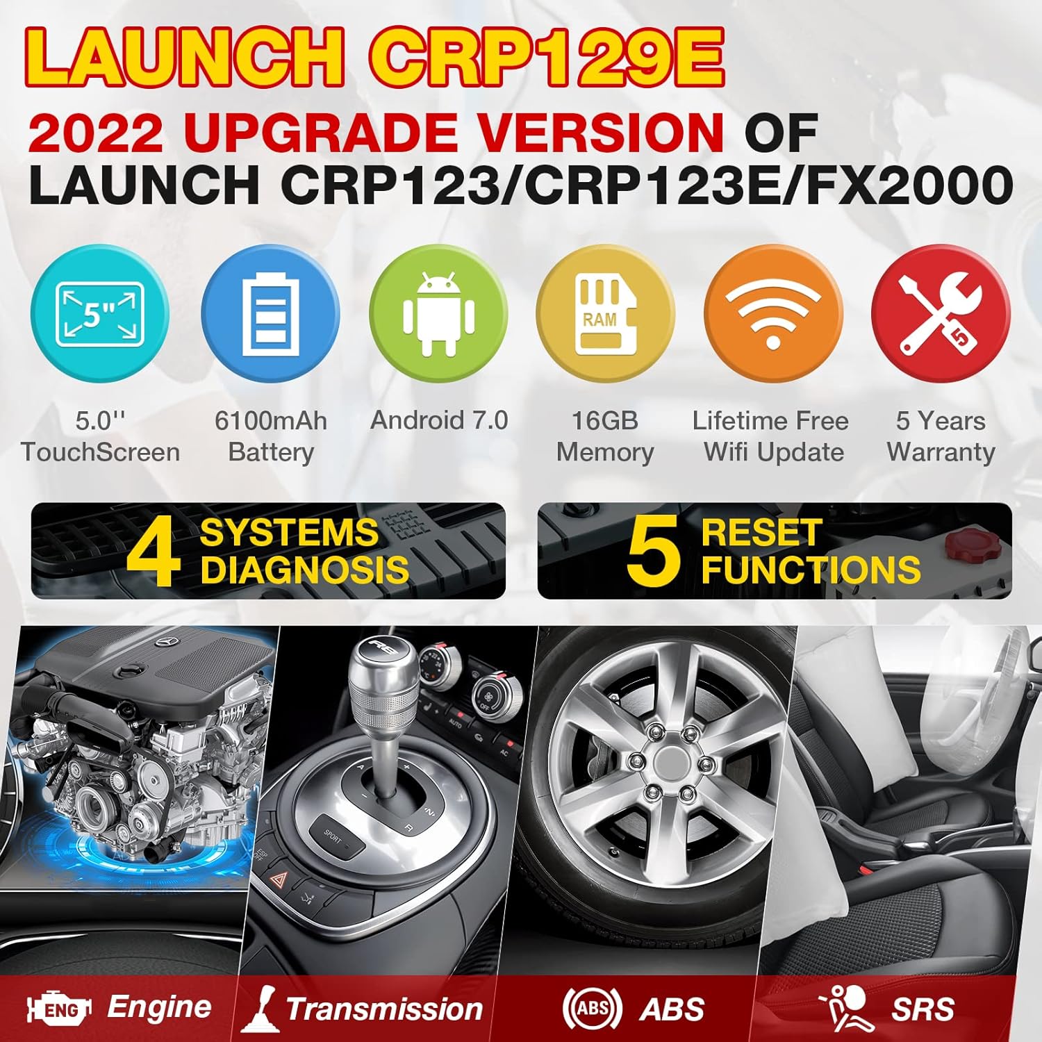 LAUNCH OBD2 Scanner-2022 New CRP129E Scan Tool TCM ENG ABS SRS Code Reader, Oil/EPB/TPMS/SAS/Throttle Reset Diagnostic Tool,AutoVIN,Free Lifetime Update,Upgraded of CRP123,CRP123E