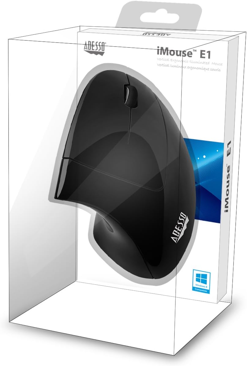 Adesso iMouse E1 - Vertical Ergonomic Illuminated Mouse - Optical - Cable - Glossy Black - USB - 1600 dpi - Scroll Wheel - 6 Button(s) - Right-Handed Only - IMOUSE E1