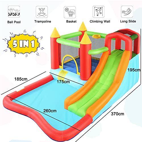 Bounce House with Ball Pit, Inflatable Bouncy House for Kids All in One Jumping Castle, Wide Slide, Ball Pool, Basketball Hoop, Dart Target, Blower Included for Indoor Outdoor Backyard Party