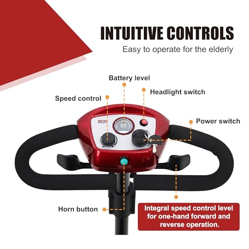 Mobility Scooters, Folding 4 Wheel Electric Mobility Scooter with Storage Box, Rear Basket and Satchel, Outdoor Compact Travel Mobility Scooter for Seniors Adults (Red)