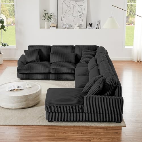 Oversized U-Shaped Sectional Sofa Couch Plush Corduroy Upholstered Modular Deep Seat Sofa&Couch Sectional W/Right Facing Chaise Lounge and 7 Toss Pillows for Home Apartment Living Room Furniture Sets