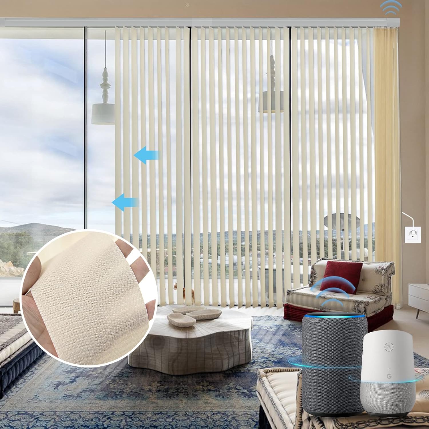 Graywind Motorized Half Shading Vertical Blinds Compatible with Alexa Google Privacy Smart Vertical Blind Remote Control Track Slats Set for Sliding Doors No Valance, Width Up to 157, Textured Khaki