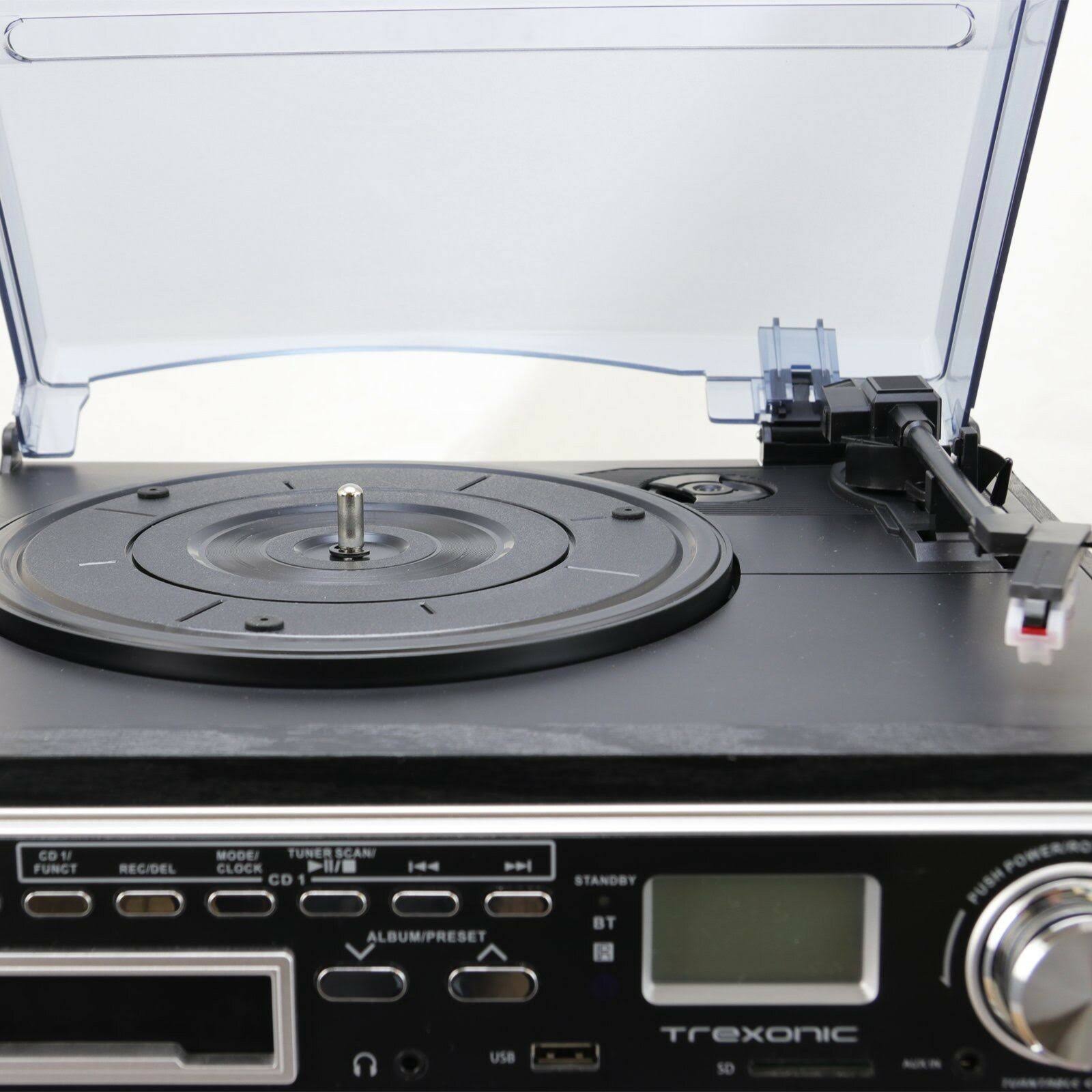 Trexonic 3-Speed Turntable with CD Player, CD Recorder, Cassette Player, Wired Shelf Speakers, FM Radio u0026 CD-USB-SD Recordin