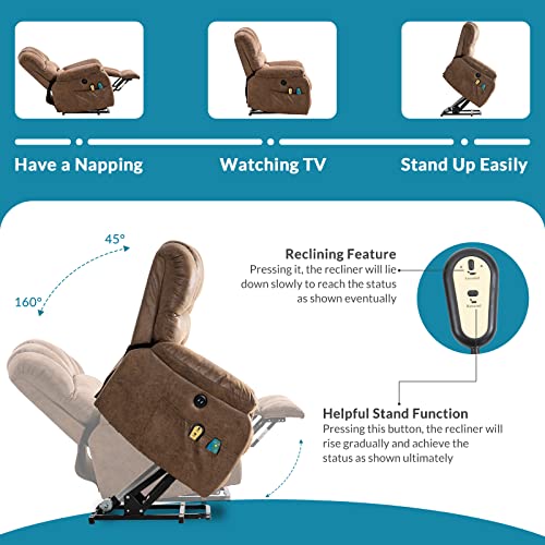 Large Power Lift Recliner Chair with Massage and Heat for Elderly Big Man, Extra Wide & Oversized Electric Recliner with 2 Remote Controls, 2 USB Ports & 2 Side Pockets, 350lbs Capacity (Brown)