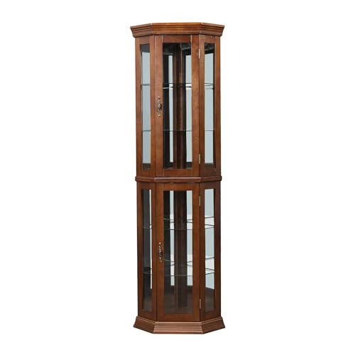 Lighted Curio Cabinet, Wooden Corner Display Cabinet Adjustable Tempered Glass Shelves, Floor Stand Collection Art Display Rack for Bar or Living Room - Walnut (Light bulb not included)