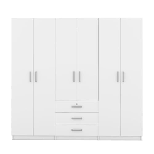 6-Doors Wooden Wardrobe Storage for Bedroom, with Big Drawers,Wooden Clothes Storage Organizer Bedroom armoires Closet wooden (White)