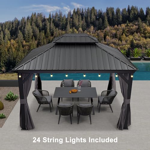 PURPLE LEAF 10' X 14' Permanent Hardtop Gazebo Aluminum Gazebo with Galvanized Steel Double Roof for Patio Lawn and Garden, Curtains and Netting Included, Grey