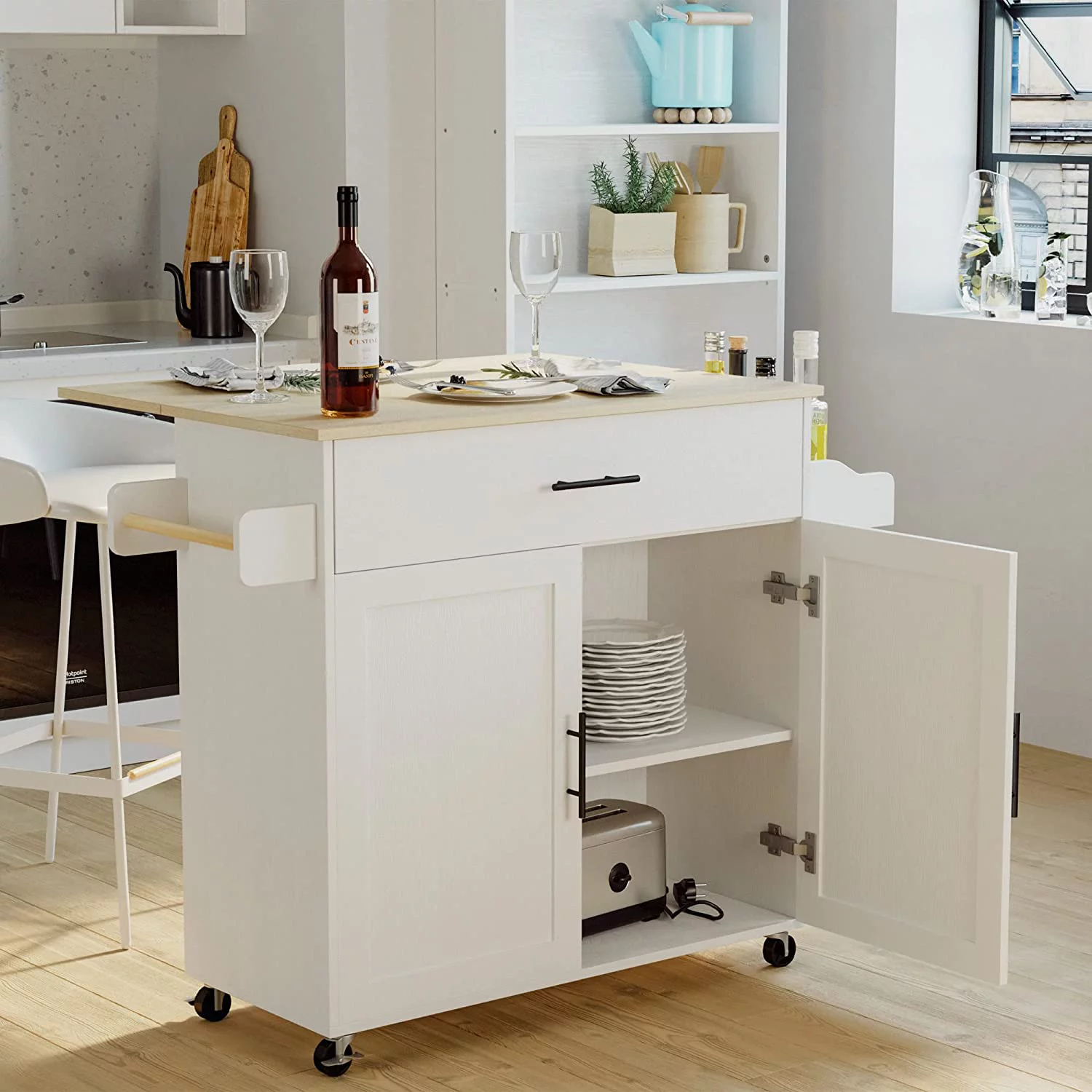 IRONCK Rolling Kitchen Island with Storage, with Storage Cabinet, Drawer, Spice Rack, Towel Rack, Kitchen Cart Table for Kitchen, White