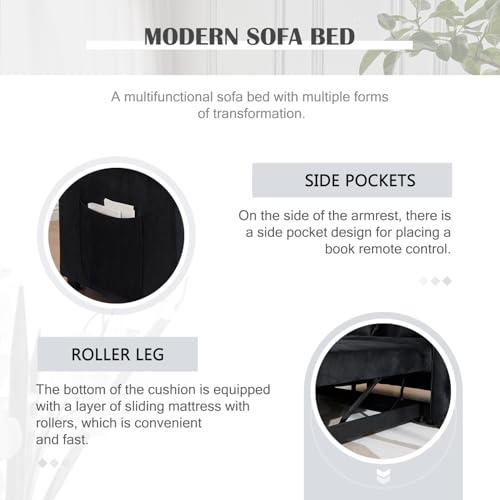 Convertible Sleeper Sofa Bed, 55.51" Modern Velvet 3-in-1 Futon Couch, Pullout Bed with Adjustable Backrest, Storage Pockets and Toss Pillows for Living Room, Bedroom (Black)