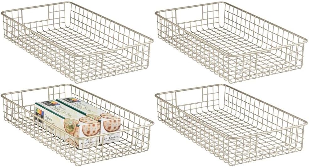 mDesign Household Metal Wire Cabinet Organizer Storage Organizer Bins Baskets trays - for Kitchen Pantry Pantry Fridge, Closets, Garage Laundry Bathroom - 16 x 9 x 3 - 4 Pack - Satin
