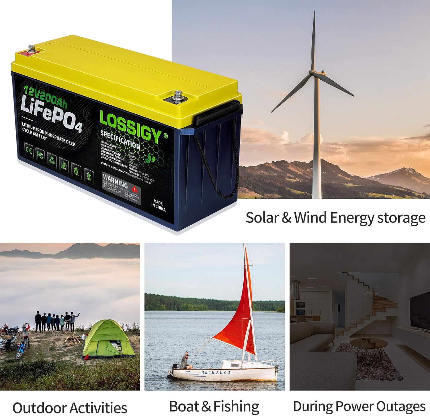 LOSSIGY LiFePO4 Battery 12V 200Ah Deep Cycle Lithium Ion Battery, Built-in 100A BMS, 4000+ Cycles, 280Amp Max, Perfectly replace all RV, Solar systems, Marine Batteries Application, Maintenance-Free