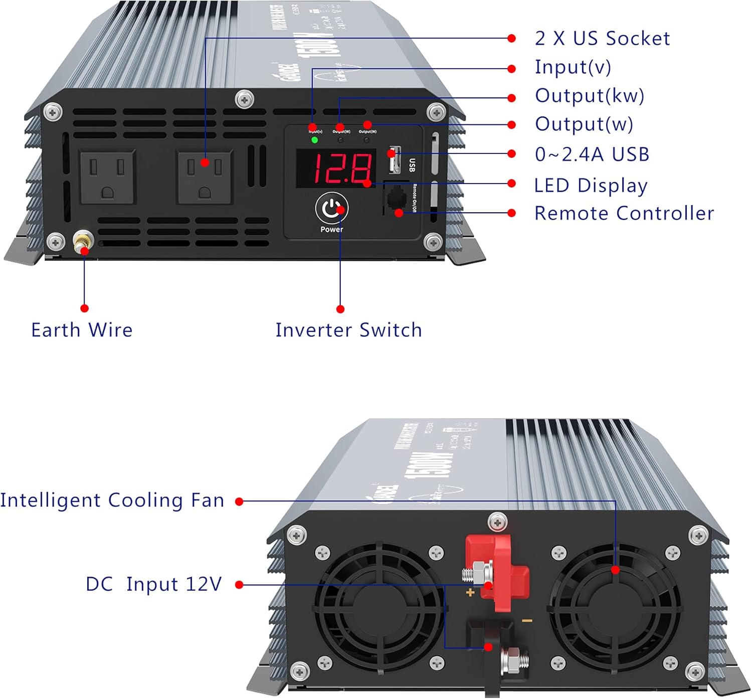 GIANDEL Power Inverter Pure Sine Wave 600Watt 12V DC to 110V 120V with Remote Control Dual AC Outlets and USB Port for RV Car Solar System Emergency
