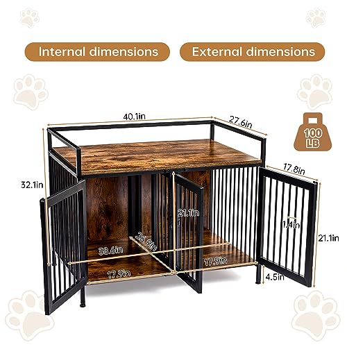 2 Rooms Dog Crate Furniture with Divider,39" Heavy Duty Dog Crate Table, Indoor Dog Kennel,Dog House,Dog Cage,TV Stand 38.9”Wx26.9”Dx21.1”H