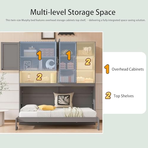 MERITLINE Twin Horizontal Murphy Bed with Storage Cabinet, LED Light and Charging Station,Wood Folding Murphy Wall Bed Cabinet with Bookcase and Shelves for Adult (White)