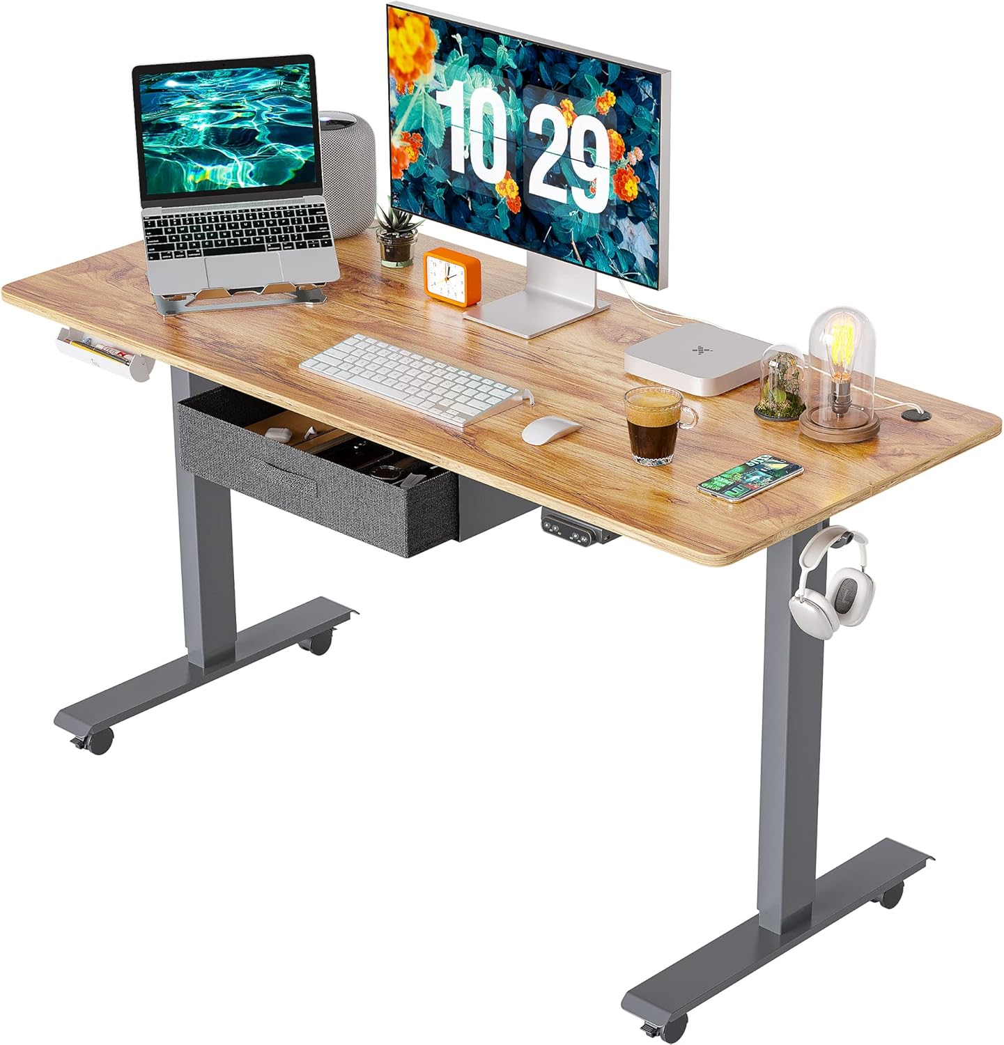FEZIBO Standing Desk with Drawer, Adjustable Height Electric Stand up Desk, 55 x 24 Inches Sit Stand Home Office Desk, Ergonomic Workstation Black Steel Frame/Rustic Brown Tabletop