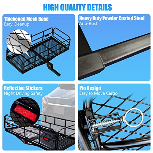 500 Lbs Heavy Duty Hitch Mount Cargo Carrier 60"x24"x14.4" Folding Rear Luggage Rack Basket Fits 2" Receiver for Car SUV Camping Traveling with Stablizer Waterproof Bag Net Ratchet Straps Lock