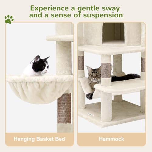 Globlazer Corner Cat Tree for Large Cats, 66inch Tall Curved Series Large Cat Tower for Multiple Indoor Cats with 6 Scratching Posts, 2 Spacious Cat Condos, Hammock, Hanging Basket, C66, Beige
