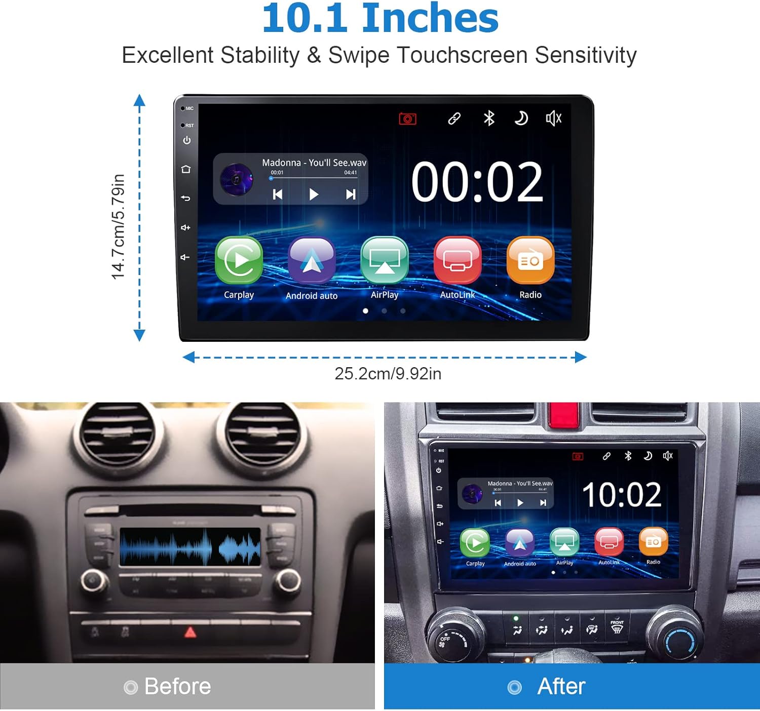 Double din Car Stereo Built in Wi-Fi for Wireless CarPlay Android Auto Mirror Link, 10.1 IPS Touchscreen Car Radio, Head Unit Support Bluetooth 5.0 AHD Backup Camera USB RDS Mic SWC AOLVO OXf8