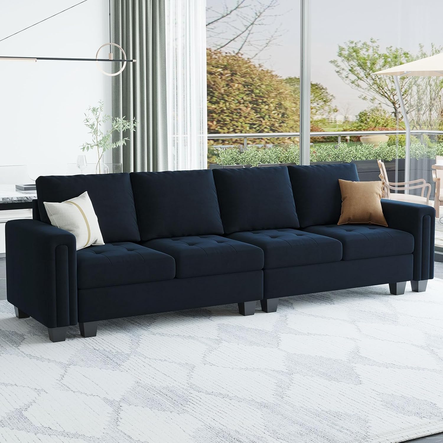 Belffin Velvet Modular 4 Seat Sofa Couch Sectional 4-seat Sofa Couch for Living Room Blue