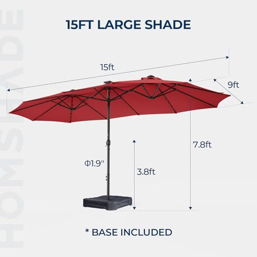 Double Sided Patio Umbrellas - 15ft Solar Lights LED Lighted Outdoor Extra Large Market Table Umbrella with Base Included, Oversized Umbrella for Deck, Pool, Backyard