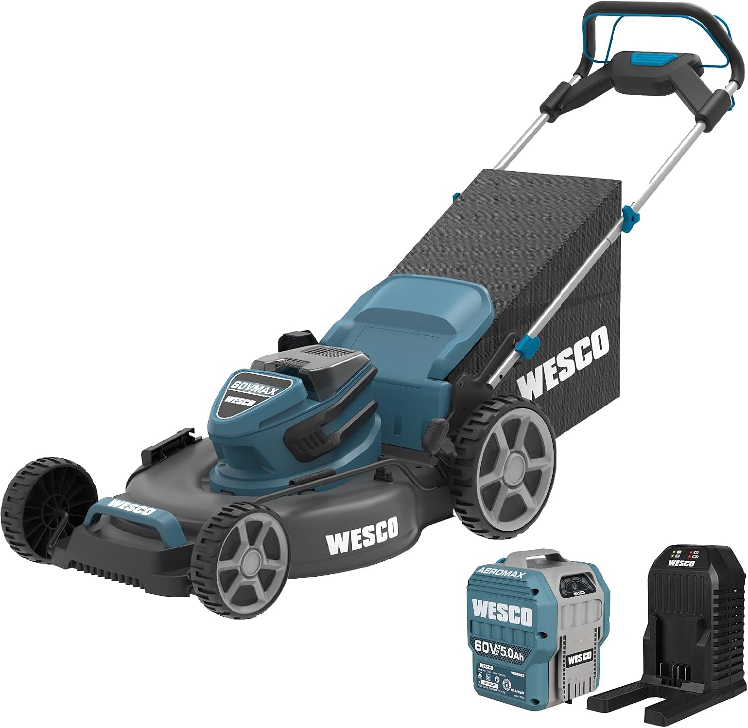 WESCO 60V Self-Propelled Cordless Lawnmower, 21 inch Brushless Push Lawn Mower, 3-in-1 Mower, 5.0Ah Battery and Fast Charger