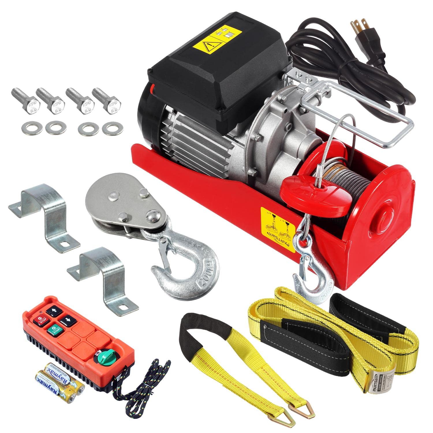 Partsam 440lbs Automatic Lift Electric Cable Hoist with Wireless Remote Control 120V Overhead Crane Garage Ceiling Pulley Winch w Towing Strap Sling, Electric Wire Rope Hoist, 38ft Lifting Height