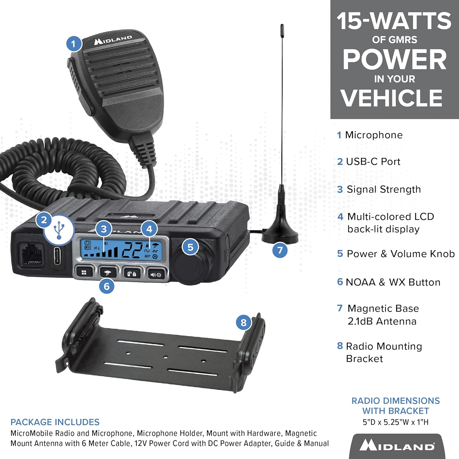Midland - MXT115, 15 Watt GMRS MicroMobile Two-Way Radio - 8 Repeater Channels, 142 Privacy Codes, NOAA Weather Scan + Alert & External Magnetic Mount Antenna (Single Pack) (Black)