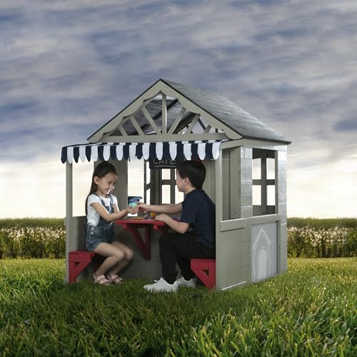 Delta Children MySize Deluxe Outdoor Playhouse with Play Sink with Running Water, Picnic Table & Mailbox – Premium Wooden Cedar Playhouse for Kids, Grey