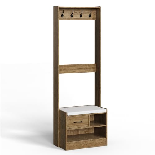 Hall Tree with Bench, Entryway Bench with Coat Rack, Shoe Storage, Soft Cushion, Wood Entryway Furniture, White