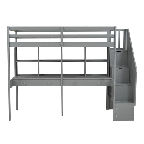 Full Size Loft Bed with A Desk, Wardrobe and Three Storage Drawers, Open Storage Cabinet, 64.9''H Wood Loft Bed Frame with Wood Slats Support, Space-Saving Design (Gray * Full,256)