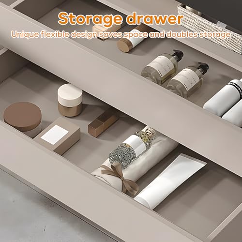 Bathroom Vanity - Floating Bathroom Vanity with Sink & Round LED Defog Mirror with Lights, Modern Bathroom Vanity with Drawer and Floating Shelf, Solid Wood, Wall Mounted(White, 36")