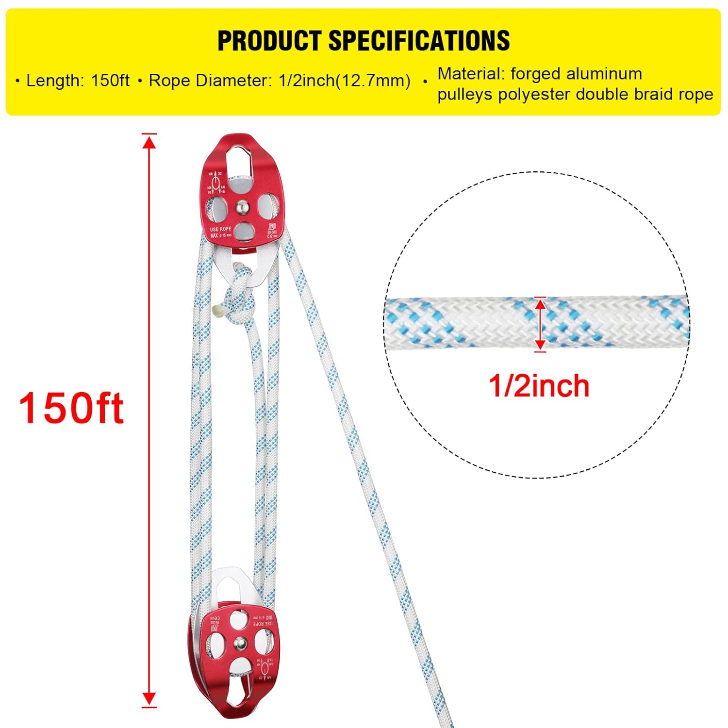 Pulley Block Twin Sheave Block and Tackle 2/5-1/2Inch 150Ft with Braid Rope 30-35KN 6600-7705LBS Capacity Easy Lifting Double Pulley Rigging Rope Great for Construction Work Moving Climbing