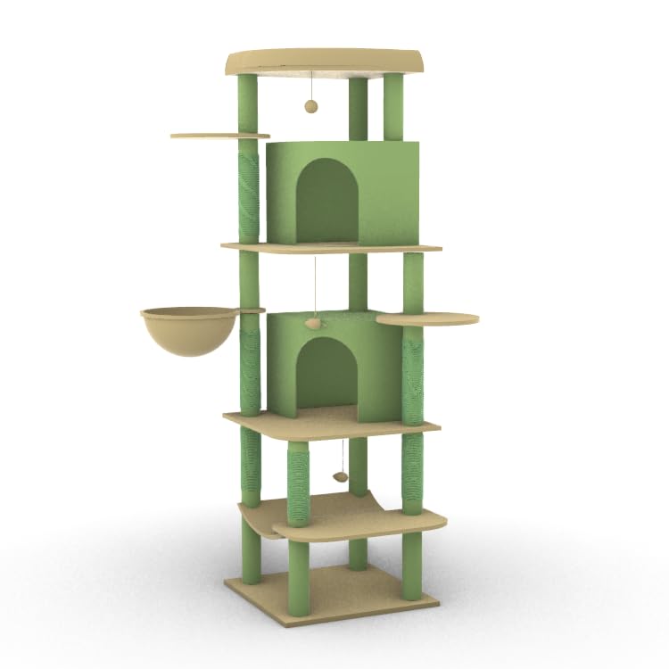 Globlazer Corner Cat Tree for Large Cats, 66inch Tall Curved Series Large Cat Tower for Multiple Indoor Cats with 6 Scratching Posts, 2 Spacious Cat Condos, Hammock, Hanging Basket, C66, Beige