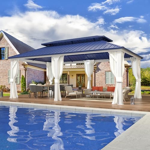 EROMMY 14'x20' Hardtop Gazebo Double Roof Galvanized Steel Canopy Outdoor Aluminum Frame Permanent Metal Pavilion with Netting and Curtains for Patio Backyard Deck and Lawns
