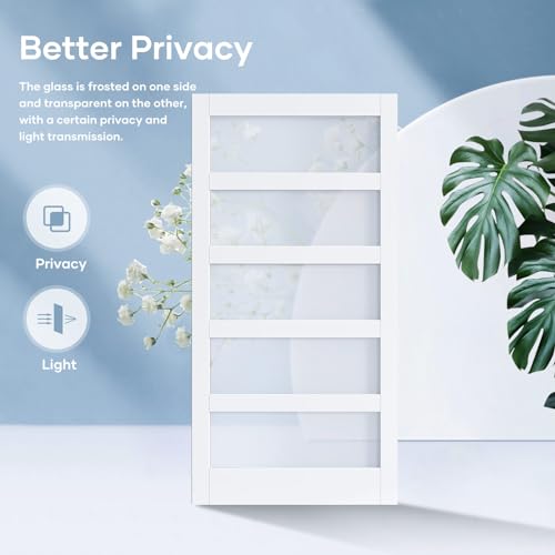 36x84 Inch Glass Sliding Barn Door Slab and 6.6ft Hardware Kit Included, 5 Frosted Glass, LVL Wood Panel Covered with White Water-Proof Scratch-Proof PVC Surface, Simple DIY Assembly