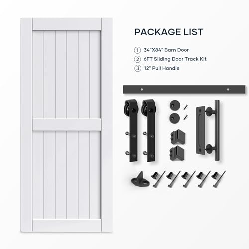 EaseLife 54 x 84 inch White Barn Door with 9FT Sliding Door Hardware Kit Included & Handle,Solid Wood Covered with Waterproof PVC Surface,DIY Assemblely,Easy Install,H-Frame,Fit 50-52in Wide Opening